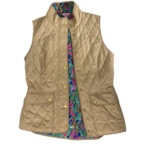 Lilly Pulitzer Quilted Vest Womens Medium Tan Floral Snap Zip Preppy Coastal